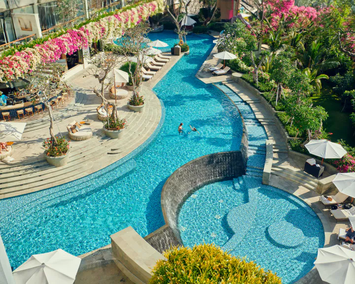 Aerial view of the curved Segara pool