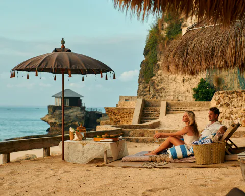 Poolside lounging under parasols