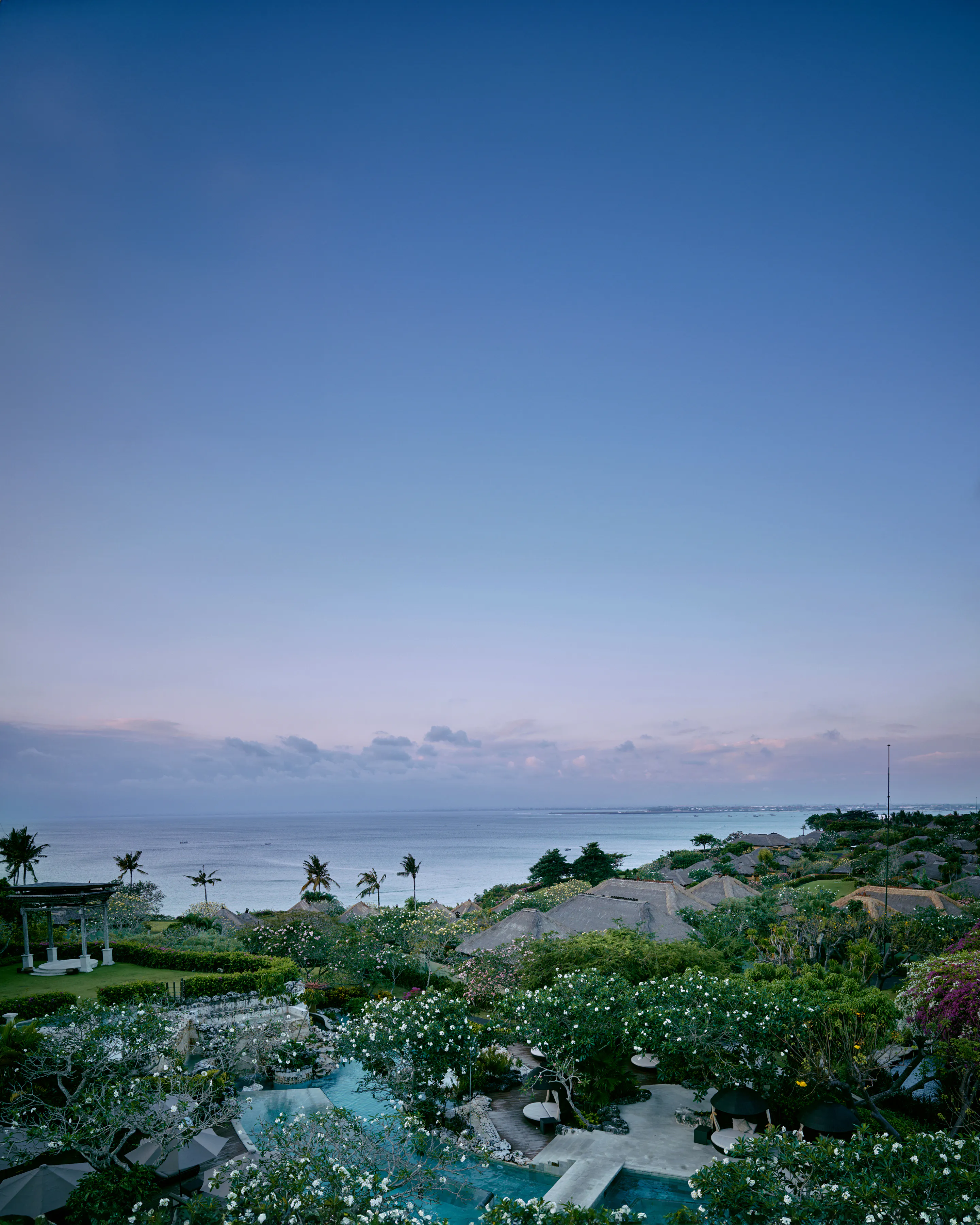 Twilight aerial view over the AYANA Bali estate